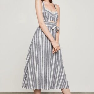 BCBGMaxazria Size 10 Black and White Striped Sleeveless Cutout Linen Midi Dress